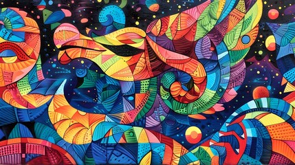 Vibrant Abstract Artwork Depicting an Intricate Universe of Swirling Patterns and Playful Geometric Figures