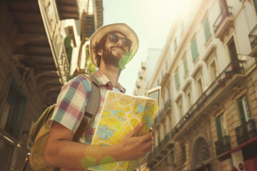 Handsome young man with map on city street. Travel concept
