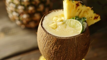 A revitalizing pineapple coconut smoothie, blending fresh pineapple chunks, coconut milk, banana,