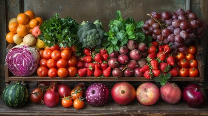 Assorted fresh fruits and vegetables on a rustic wooden surface