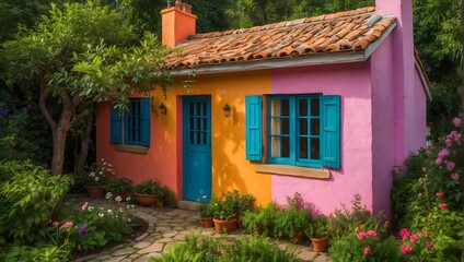 Fototapeta na wymiar A quaint cottage nestled in a lush garden, painted with vibrant hues of the rainbow Generative AI