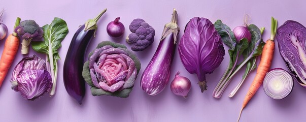 Assorted purple vegetables on purple background