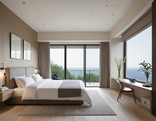 A minimalist bedroom with neutral tones a double bed and a window overlooking a serene landscape colorful background