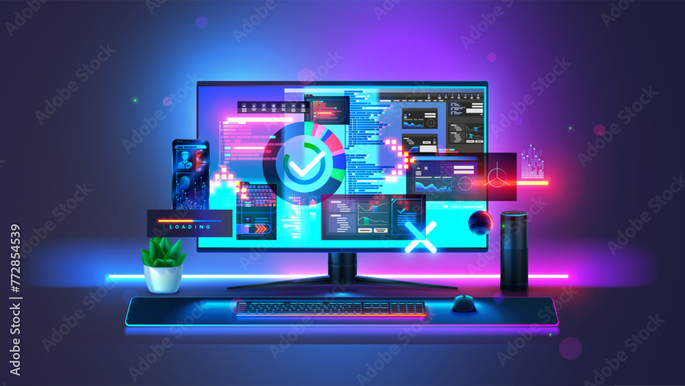 Fototapete PC computer, keyboard, mouse on desk in dark room with abstract interfaces on screen. Computer technology concept. Desktop gaming computer front view on monitor with abstract API programs interface.