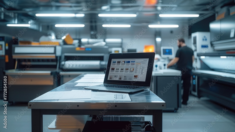 Poster a laptop on table in a printing house, print on demand. generative ai.