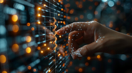 An AI-generated visualization of a doctor's hand delicately touching an icon representing DNA strands, amidst a digital interface indicating modern healthcare diagnostics