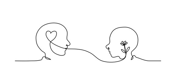 Continuous lineart of two person with flower and heart symbol editable lineart vector in mental health concept.	