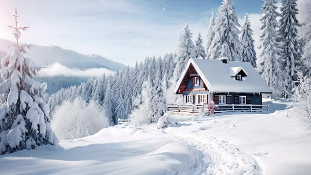 Beautiful winter landscape with snow covered alpine house in the mountains, AI Generated