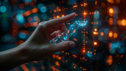 An AI-generated visualization of a doctor's hand delicately touching an icon representing DNA strands, amidst a digital interface indicating modern healthcare diagnostics