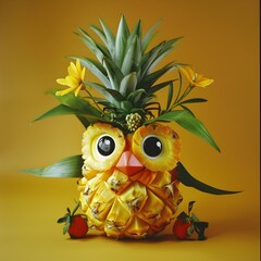 Curious Yellow Pineapple Owl Chibi Character with Flowers and Leaves, Expressive Eyes and Happy Smile