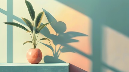 Tranquil 3D Rendering of a Potted Plant Basking in Sunlight and Pastel Hues