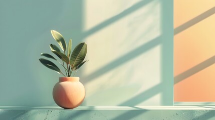 Minimalist Interior with Pastel Hues Featuring a Plant in a Vase Basking in Soft Sunlight