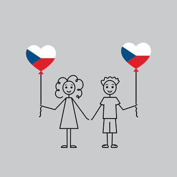 czech children, love Czech Republic sketch, girl and boy with a heart shaped balloons, black line vector illustration