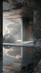 Abstract view of a mountain landscape through concrete structure