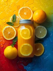 Lemon Orange Juice Jar Basking on a Radiant Rainbow Gradient