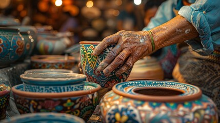 Elderly artisan hand-painting intricate designs on ceramic pots at market - obrazy, fototapety, plakaty