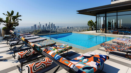 A luxury home featuring a rooftop swimming pool with panoramic views. The area is furnished with avant-garde sunbeds, each accompanied by a beach towel featuring bold, abstract designs,  - obrazy, fototapety, plakaty