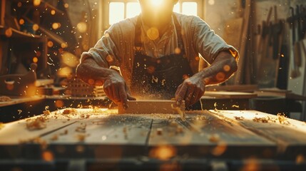 Craftsman planing wood in a sunny workshop with flying sawdust
 - obrazy, fototapety, plakaty