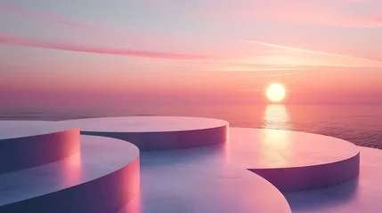 Zelfklevend Fotobehang Geometric Landscape of S-Shaped Podiums at Dreamy Sunset Sea © phongsiri