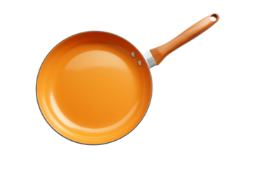 Orange Frying Pan With Wooden Handle. On a White or Clear Surface PNG Transparent Background..