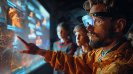 Fototapeta premium Man wearing augmented reality glasses with children in a high-tech interactive space