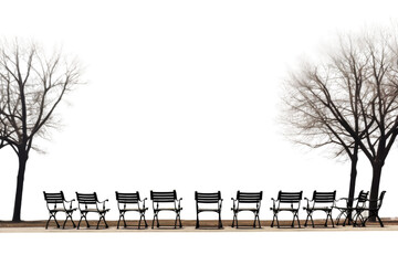 Row of Park Benches Next to Trees. On a White or Clear Surface PNG Transparent Background..