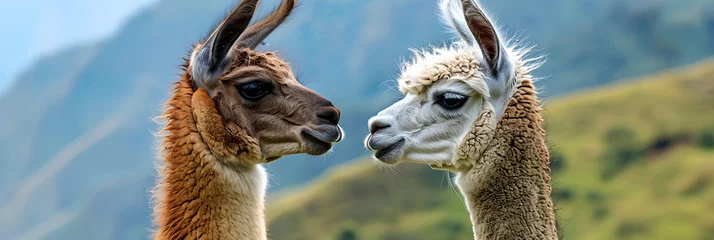 Fotobehang Detailed Comparison: Llama Versus Alpaca in their Natural Habitats © Todd
