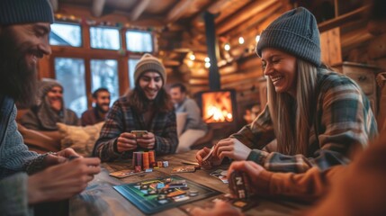 Group of friends playing board games in cozy mountain cabin
