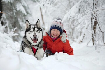 smiling child and husky dog in a snowy forest