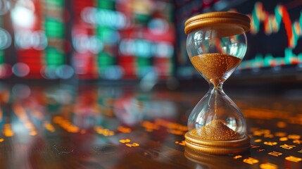 Hourglass on a shiny surface with stock market data in the background
