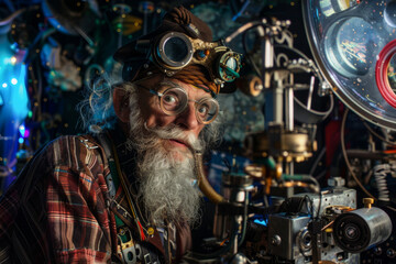 Portrait of an old pilot with a beard and mustache in a plaid shirt and aviator glasses working with steampunk machine in his mechanical workshop.
