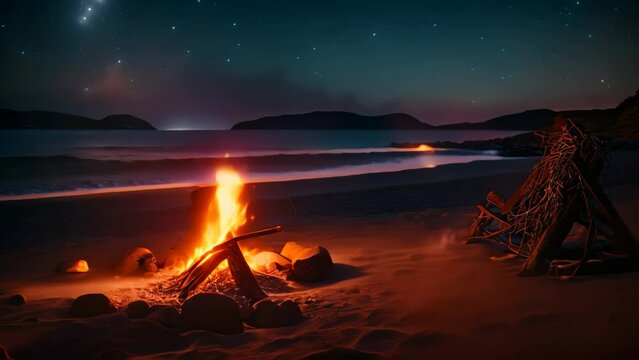Bonfire on the beach at night with stars in the sky, AI Generated