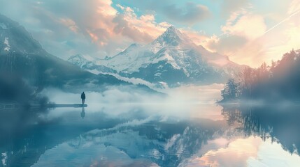 Solitary figure gazing at the mountainous landscape reflecting in a still lake at sunrise

