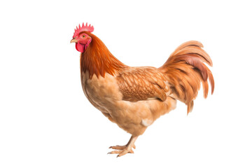 Fototapeta premium Brown and White Rooster Standing on White Ground. On a White or Clear Surface PNG Transparent Background..