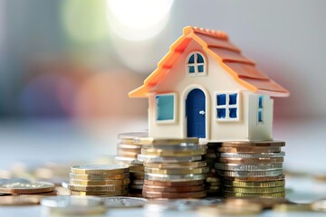 Mini house on stack of coins, property investment and passive income concept illustration - obrazy, fototapety, plakaty