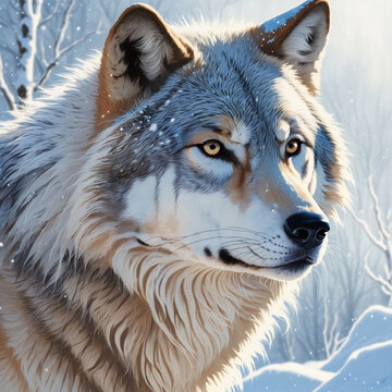   Wolf Painting in Blue and White colorful background