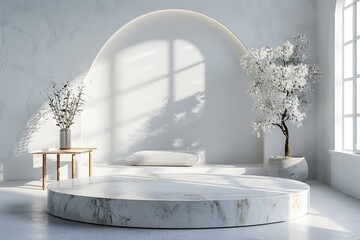 Minimalist White Marble Podium Elevating Luxury Lifestyle Product Display in Scandinavian Living Room - obrazy, fototapety, plakaty