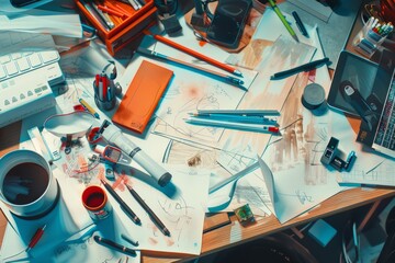 An artistic rendering of a cluttered work desk with scattered papers, pens, and gadgets, showcasing the chaotic yet creative nature of the workspace, Generative AI