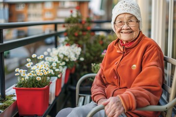 cheerful senior sitting on a balcony bench among containers of daisies - obrazy, fototapety, plakaty