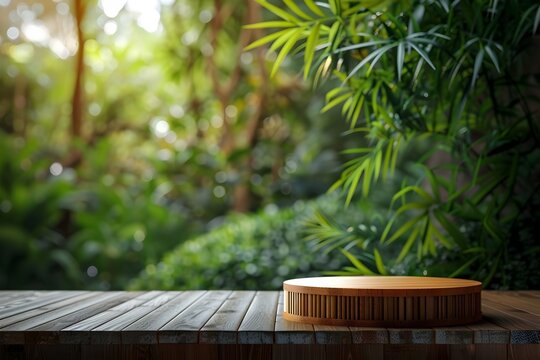 Bamboo Podium in Zen Garden Setting: Ideal for Wellness and Spa Product Displays in Documentary Editorial Magazine Photography Style