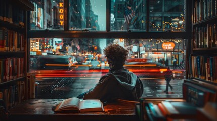 A man individual studying with book in city library against rainy window