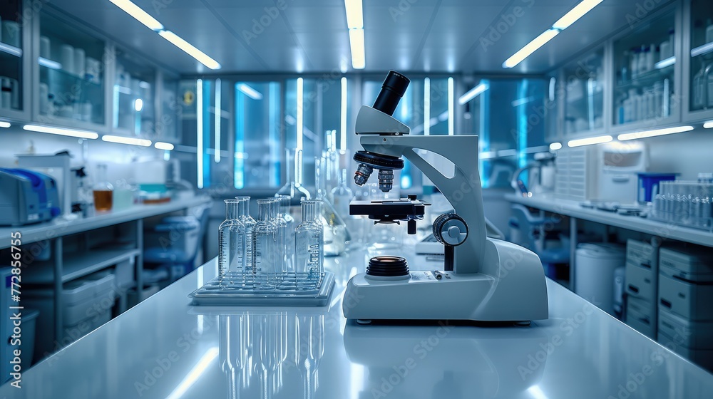 Aufkleber A pristine lab desk illuminated by bright overhead lights, a microscope and labware arranged neatly. Generative AI.