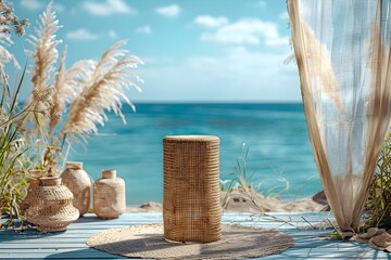 Summer Fashion Product Display on a Chic Bohemian Rattan Podium in a Sunny Beachside Cabana