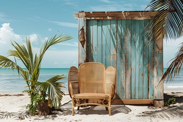 Vintage Blue Beach Hut with Rattan Chair - Sunny Bohemian Backdrop for Summer Fashion Displays