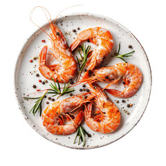 Prawns Shrimps roasted on white plate  on transparent background. Generative AI. top view.