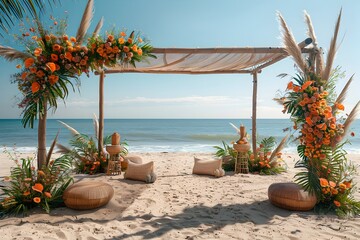 Bohemian Rattan Podium Amidst Tropical Beach Wedding Decor with Bamboo Canopies and Orange Flowers