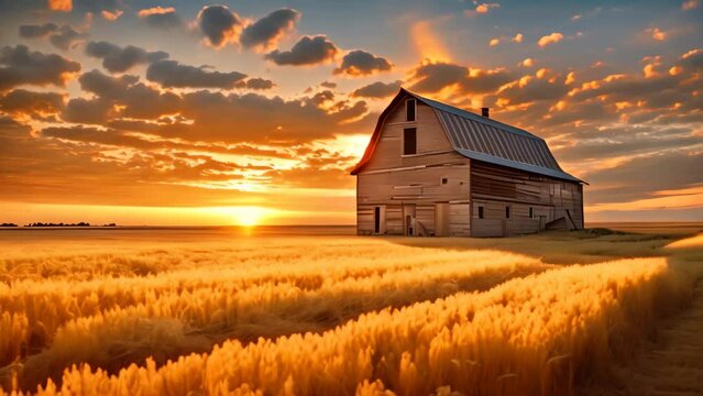 Dramatic sunset over an old barn in a wheat field, AI Generated