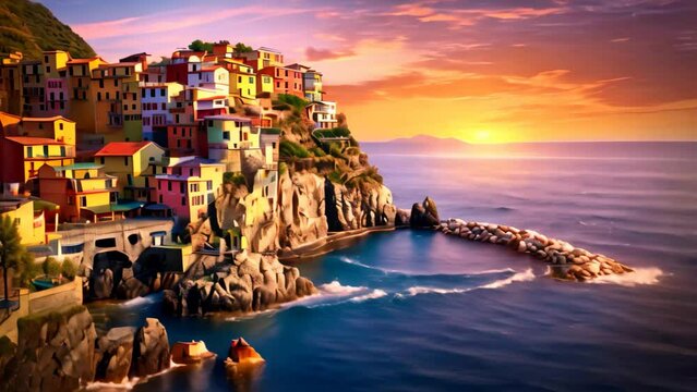 Colorful sunset over the village of Manarola, Cinque Terre, Italy, AI Generated