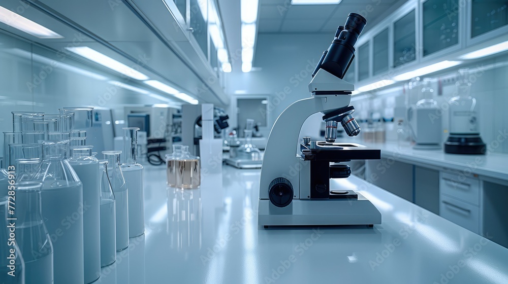 Aufkleber A pristine lab desk illuminated by bright overhead lights, a microscope and labware arranged neatly. Generative AI.