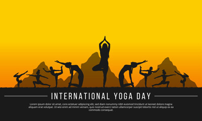 International Yoga Day vector illustration. A group of women meditating and doing yoga. Usable for banner, poster, background template etc - obrazy, fototapety, plakaty